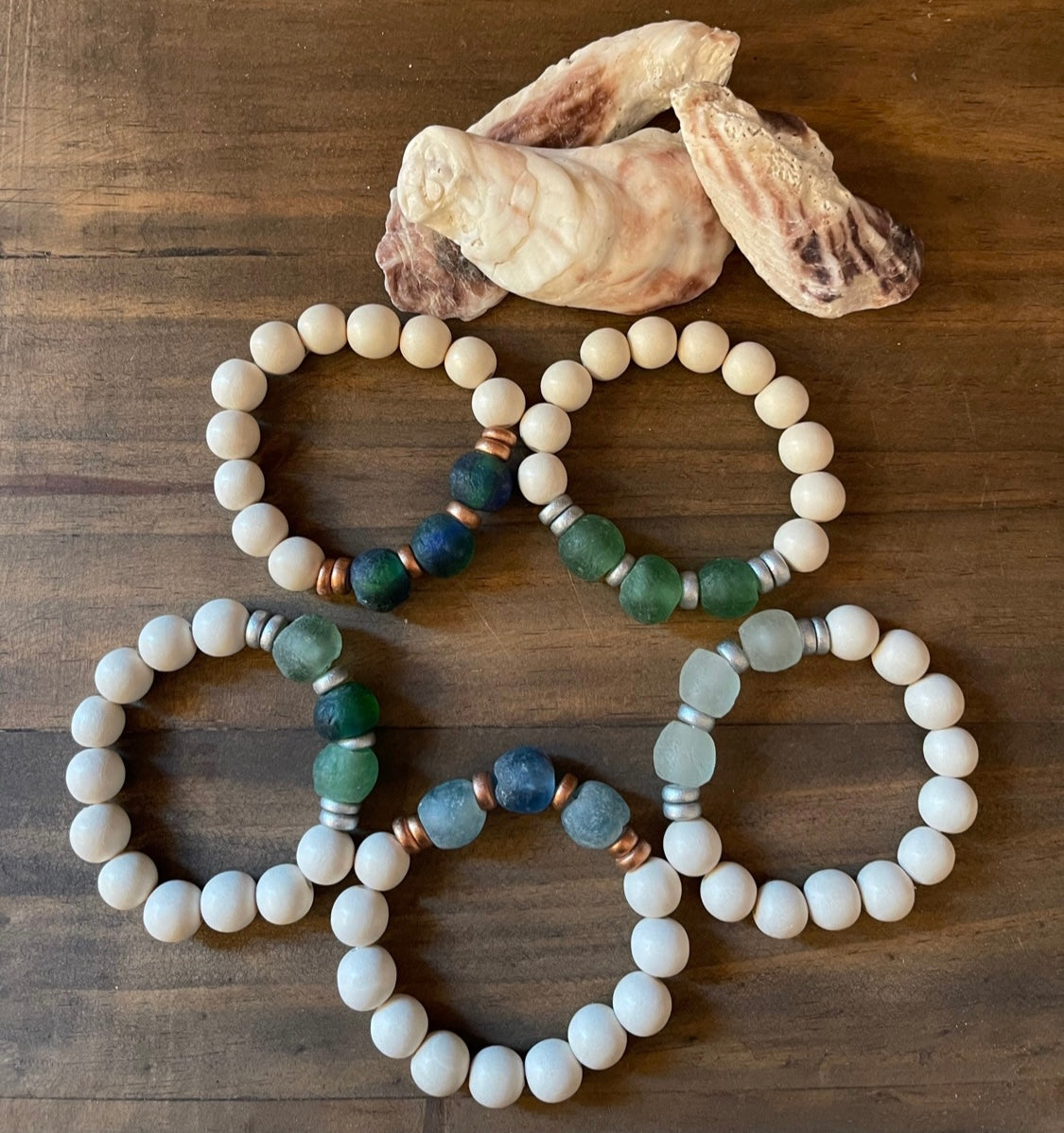 Bracelet Sea Glass and Wood Beaded Stretch