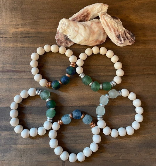 Bracelet Sea Glass and Wood Beaded Stretch