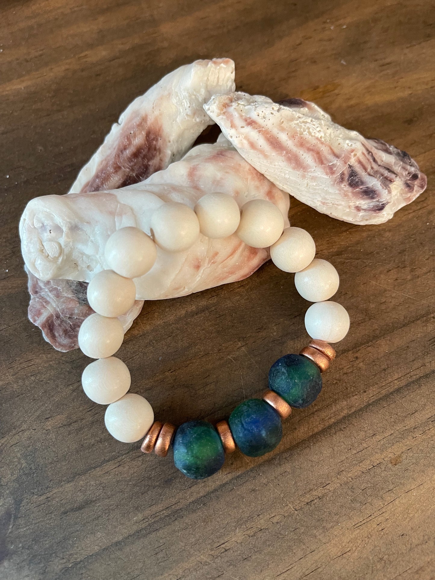 Bracelet Sea Glass and Wood Beaded Stretch