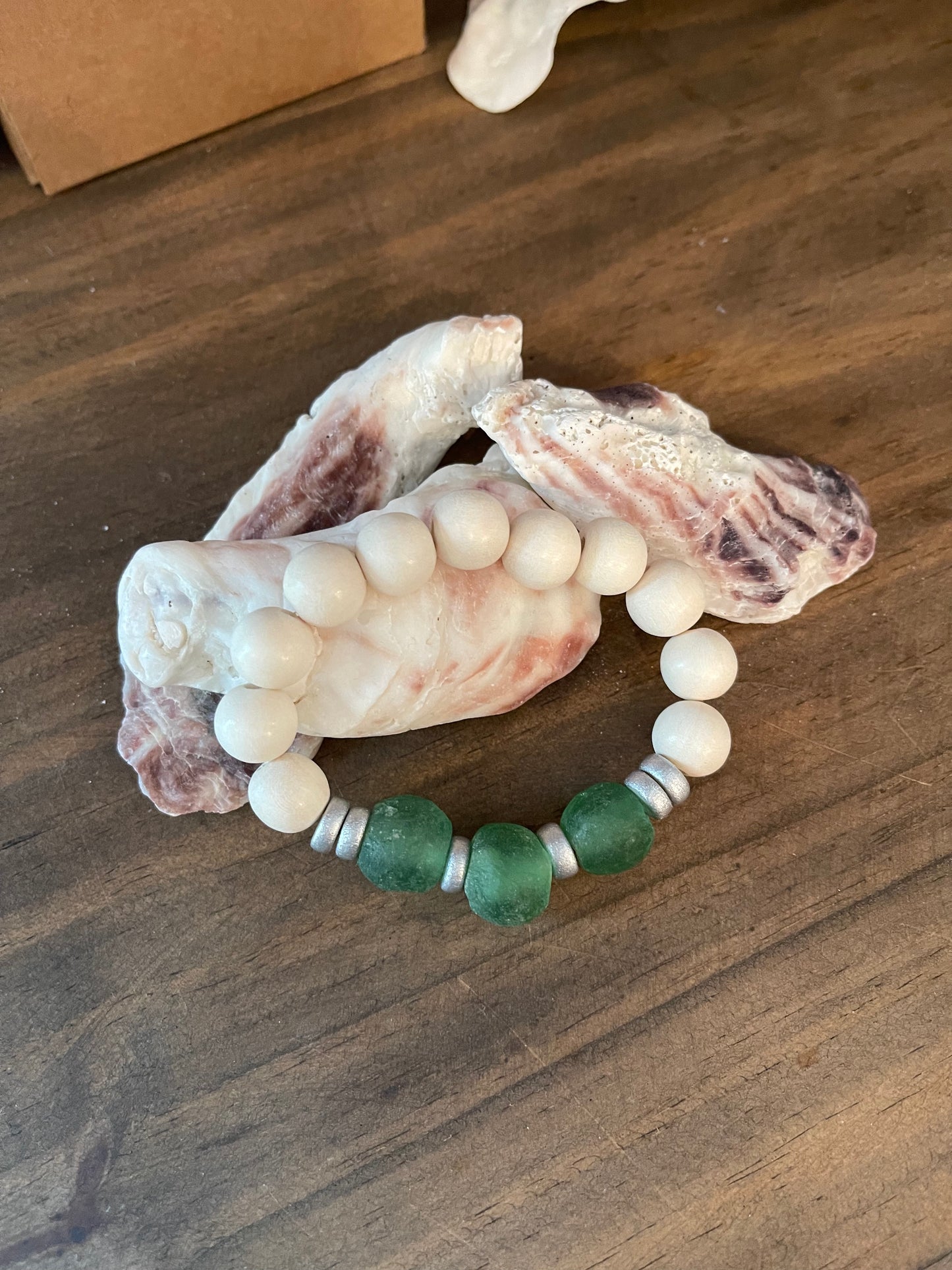 Bracelet Sea Glass and Wood Beaded Stretch