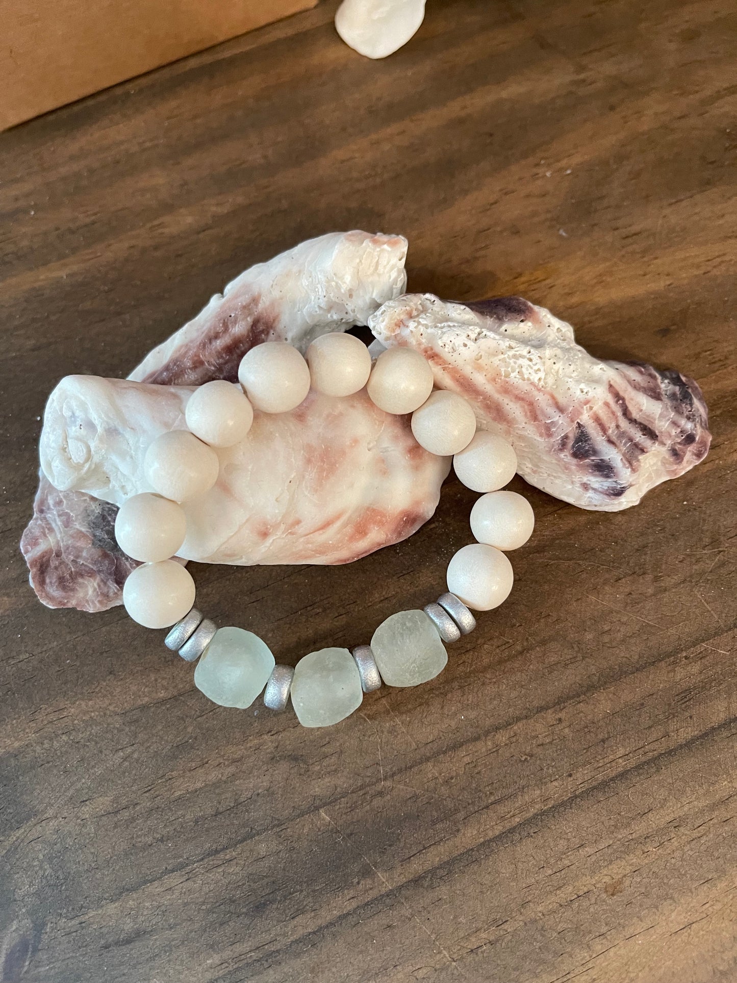 Bracelet Sea Glass and Wood Beaded Stretch