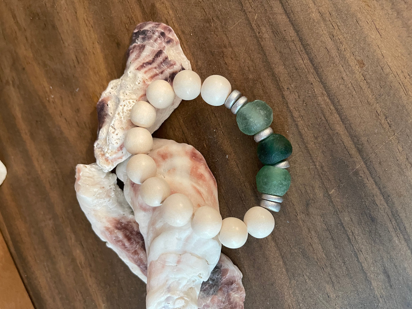 Bracelet Sea Glass and Wood Beaded Stretch